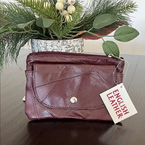 NWT English Leather Dark Burgundy Brown Patchwork Zipper & Snap Wallet Pouch
